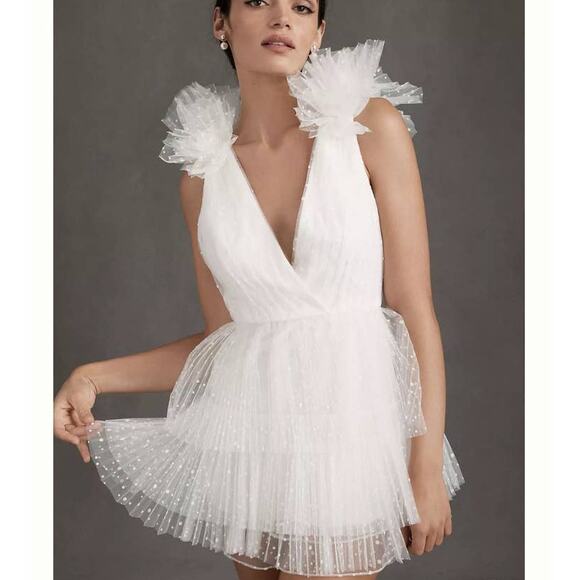ML Monique Lhuillier Perrie Tiered Shoulder-Ruffle V-Neck Mini Dress Size 10 NWT - Picture 1 of 15